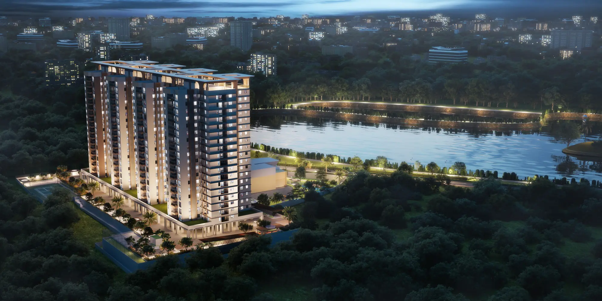 Aerial night view of NCC Urban Lake Springs